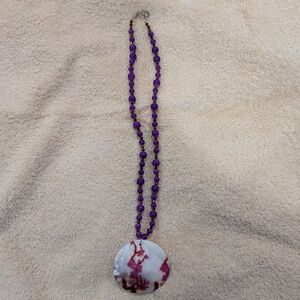 Purple Beaded Necklace with Mother of Pearl Floral Pendant